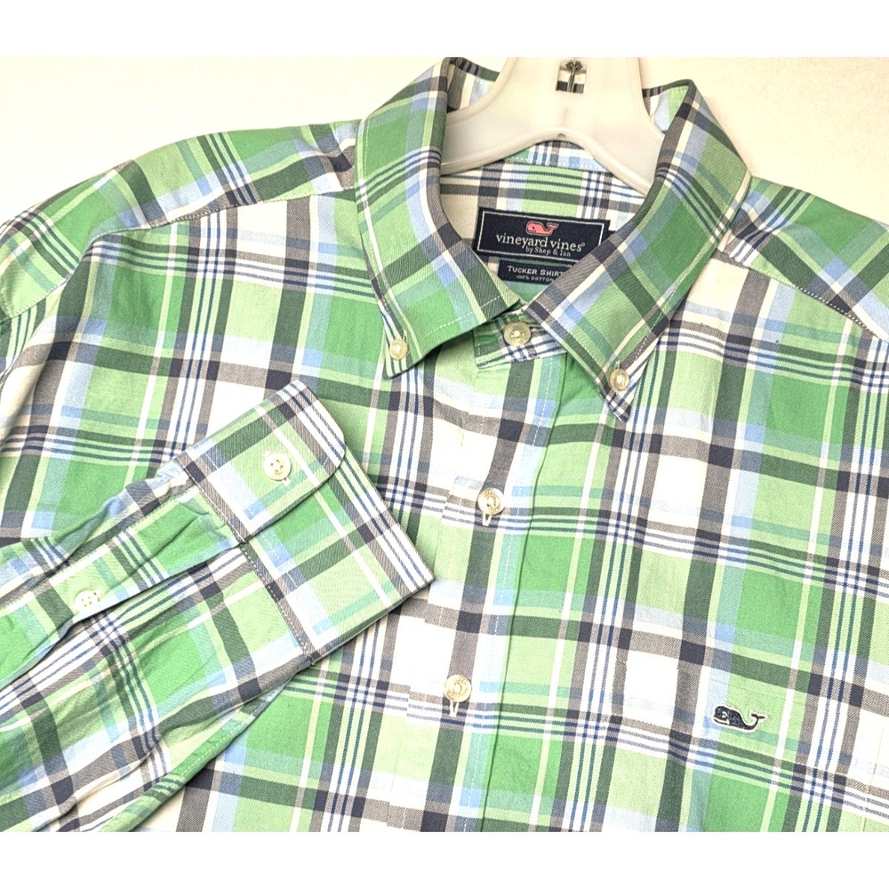 Vineyard Vines Men's Large Blue‎ Green Plaid Button Down Long Sleeve Whale Shirt